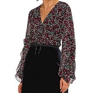 NICHOLAS Black Floral Ruffle Sleeve Silk Blouse Size 6